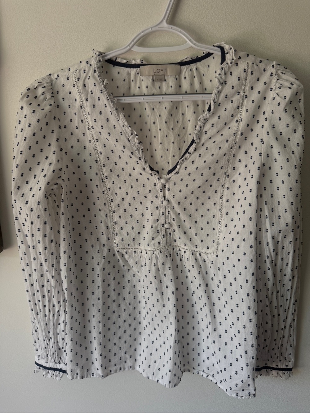 LOFT White Peasant Blouse with Navy Dot Detail